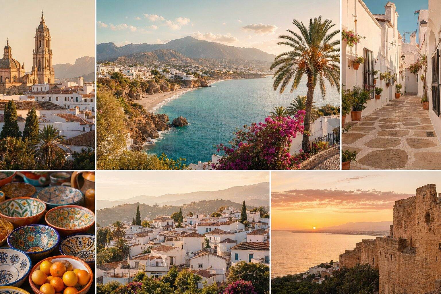 Sun-drenched Mediterranean coastline panorama med andalusisk vitkalkad by, terrakottatak, palmer och blått hav i golden hour-ljus